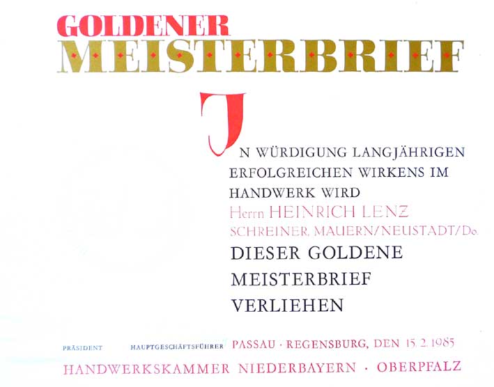 2. Generation: Goldener Meisterbrief von Heinrich Lenz sen.