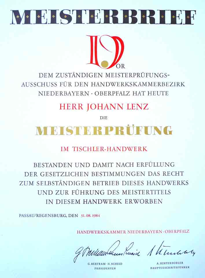 3. Generation: Meisterbrief von Johann Lenz